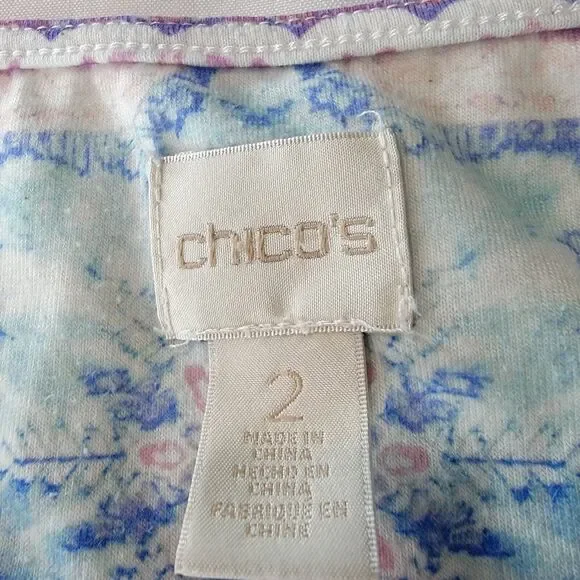 Chicos Womens Top Blouse Medallion Large Blue White Pink Pastel Artsy Art Spring - Picture 2 of 11